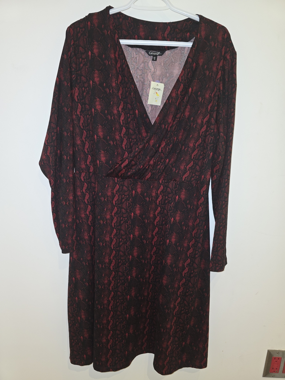 George Long Sleeve Wrap Dress in Red and Black Snake-Print